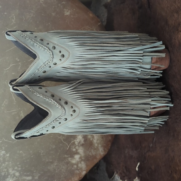 LIBERTY BLACK Vegas Fringed leather boots "Ciel"/Ice Blue LB71124 snip toe sz6.5 - Picture 11 of 16